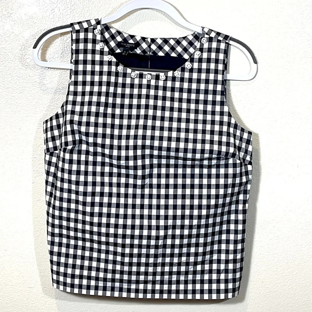 Talbots Gingham Check Beaded Neck Sleeveless Blouse Top. size 6P